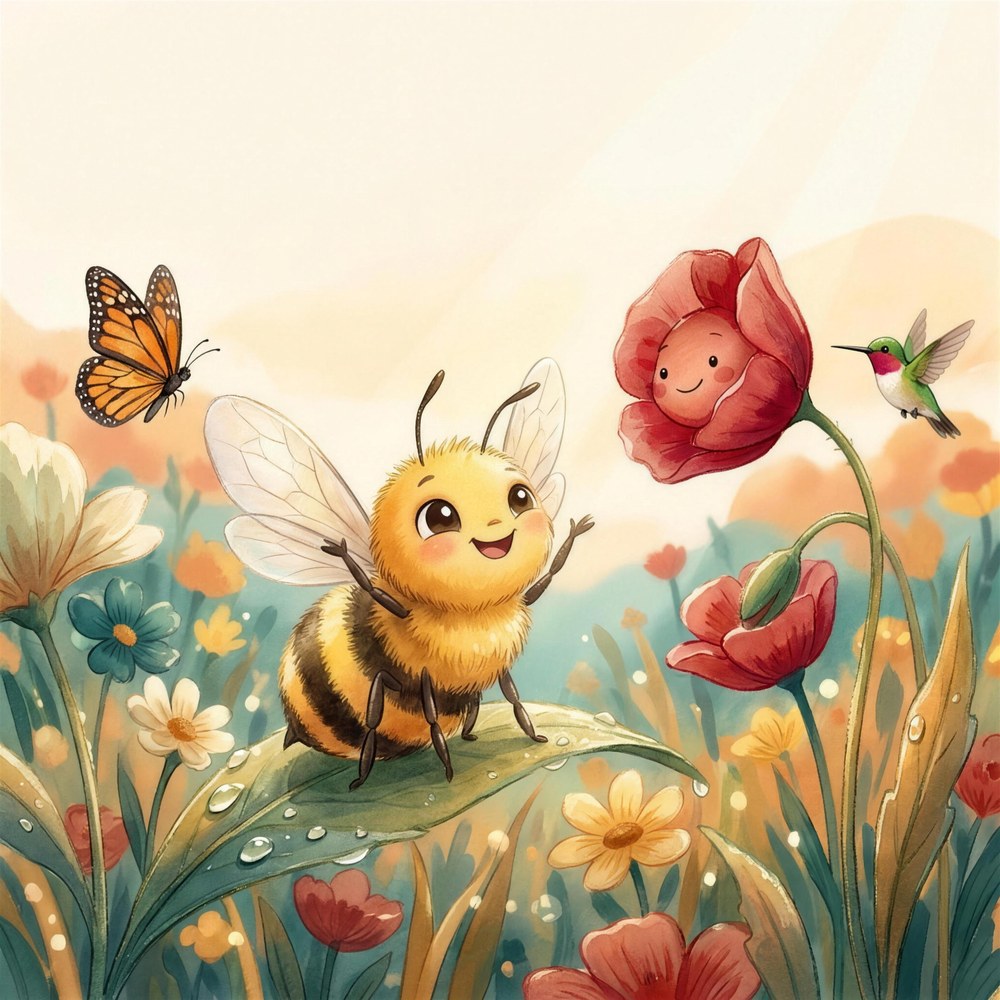 Better Together book cover — a smiling bee, butterfly, hummingbird, and flower in a meadow