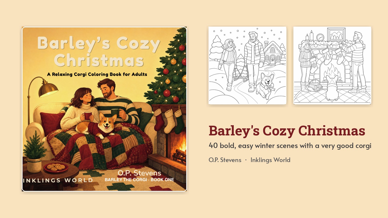 The cover of Barley's Cozy Christmas beside two of the black-and-white coloring pages inside
