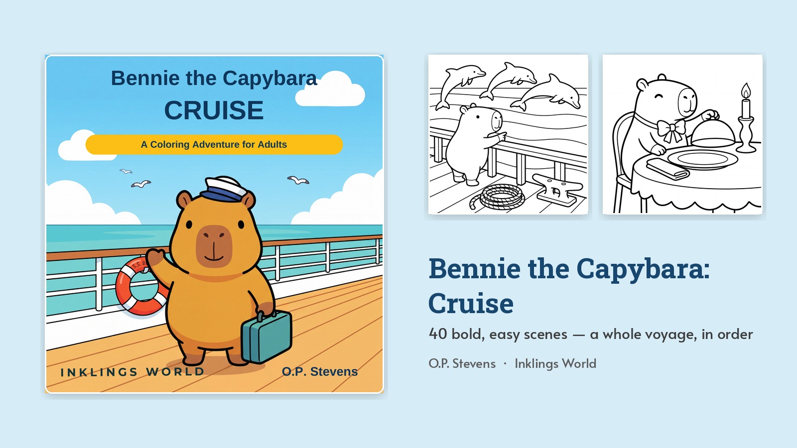 The cover of Bennie the Capybara Cruise beside three of the black-and-white coloring pages inside