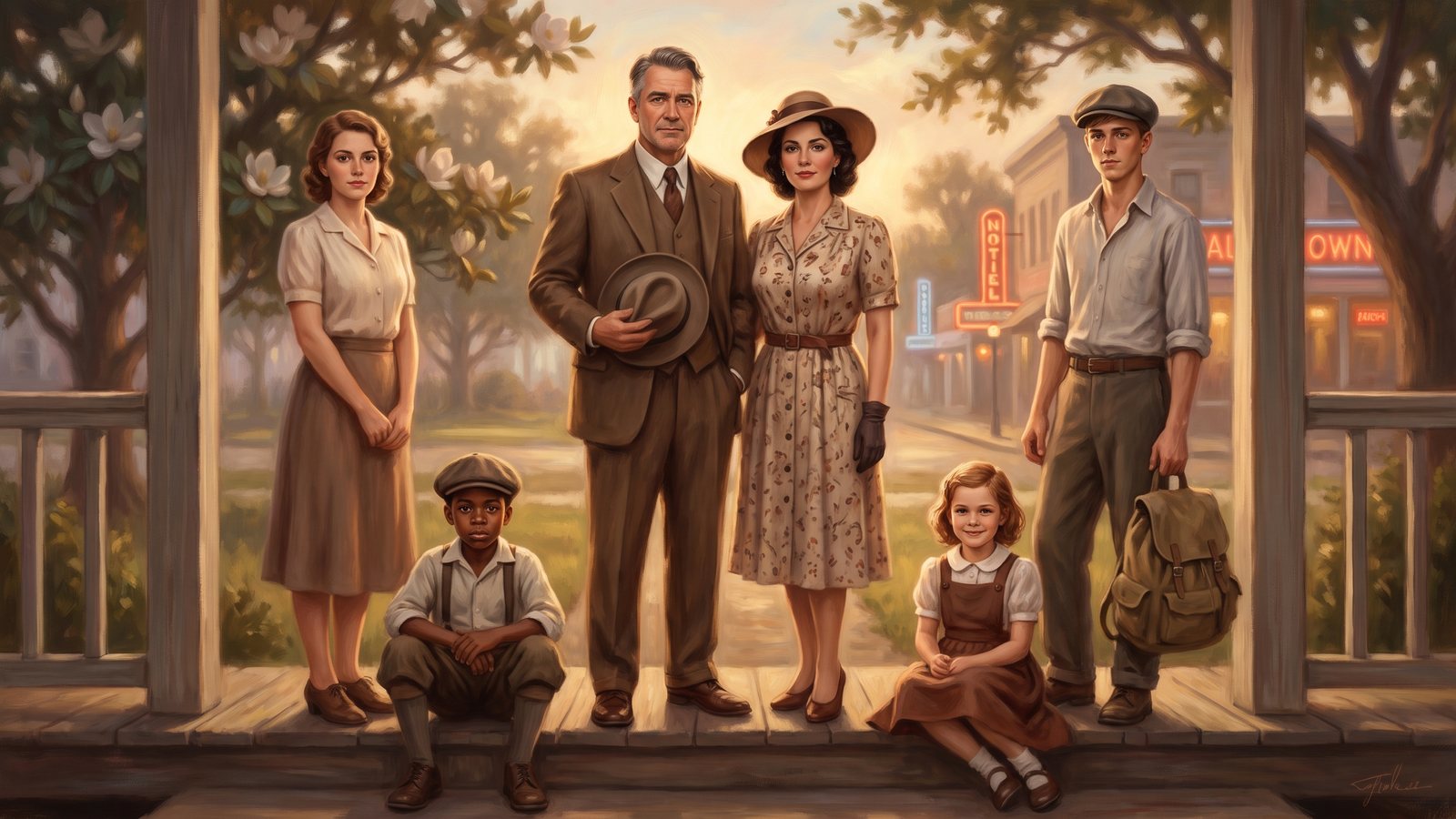 Painted portrait of the Vance family on a front porch in a 1930s Southern town, warm amber light, neon hotel sign glowing down the street