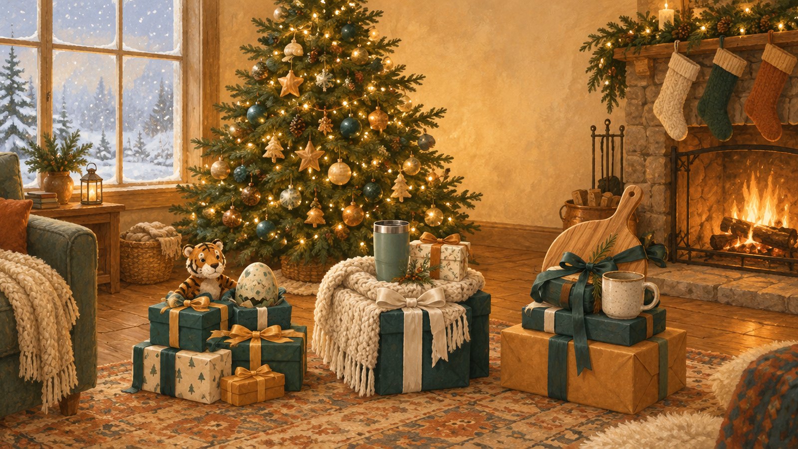 A cozy living room on Christmas morning, with three piles of wrapped presents for kids, mom and dad in front of a lit tree and a fireplace hung with stockings
