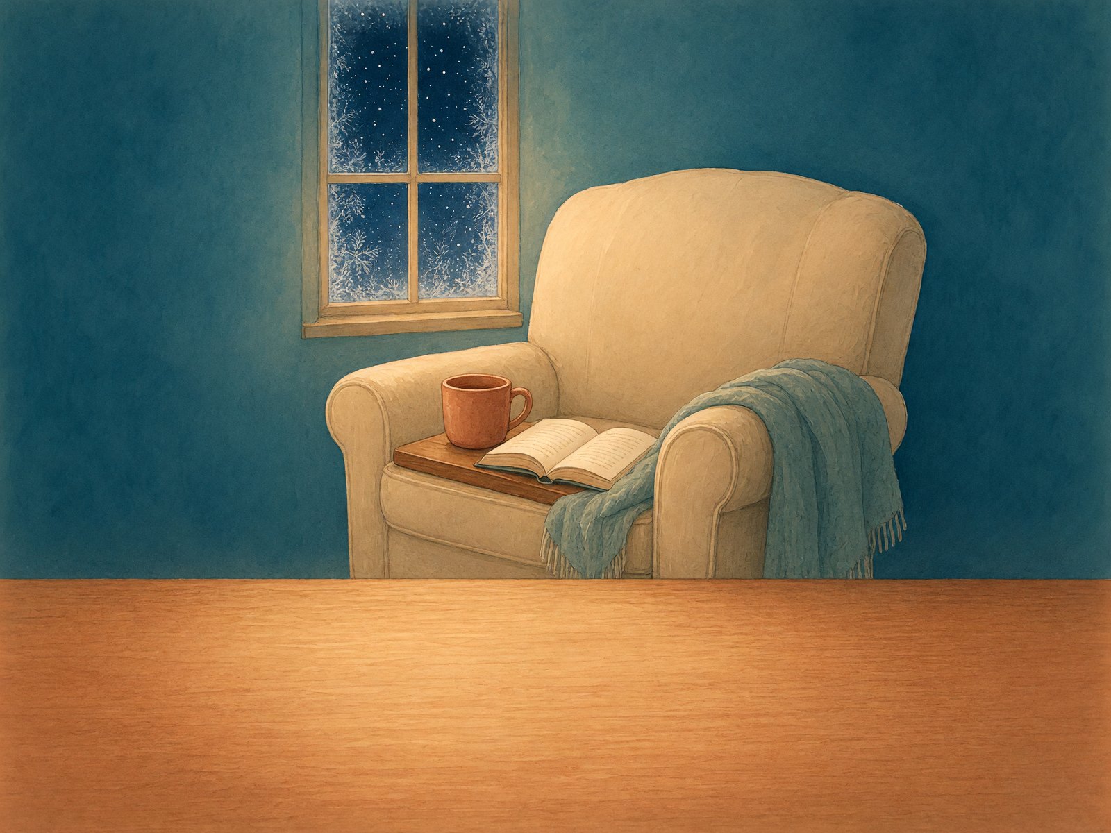 A plain teal fleece throw draped over the arm of a cream reading chair beside a frosty window at night, with a mug and an open book on a small tray across the chair arm, in soft watercolor