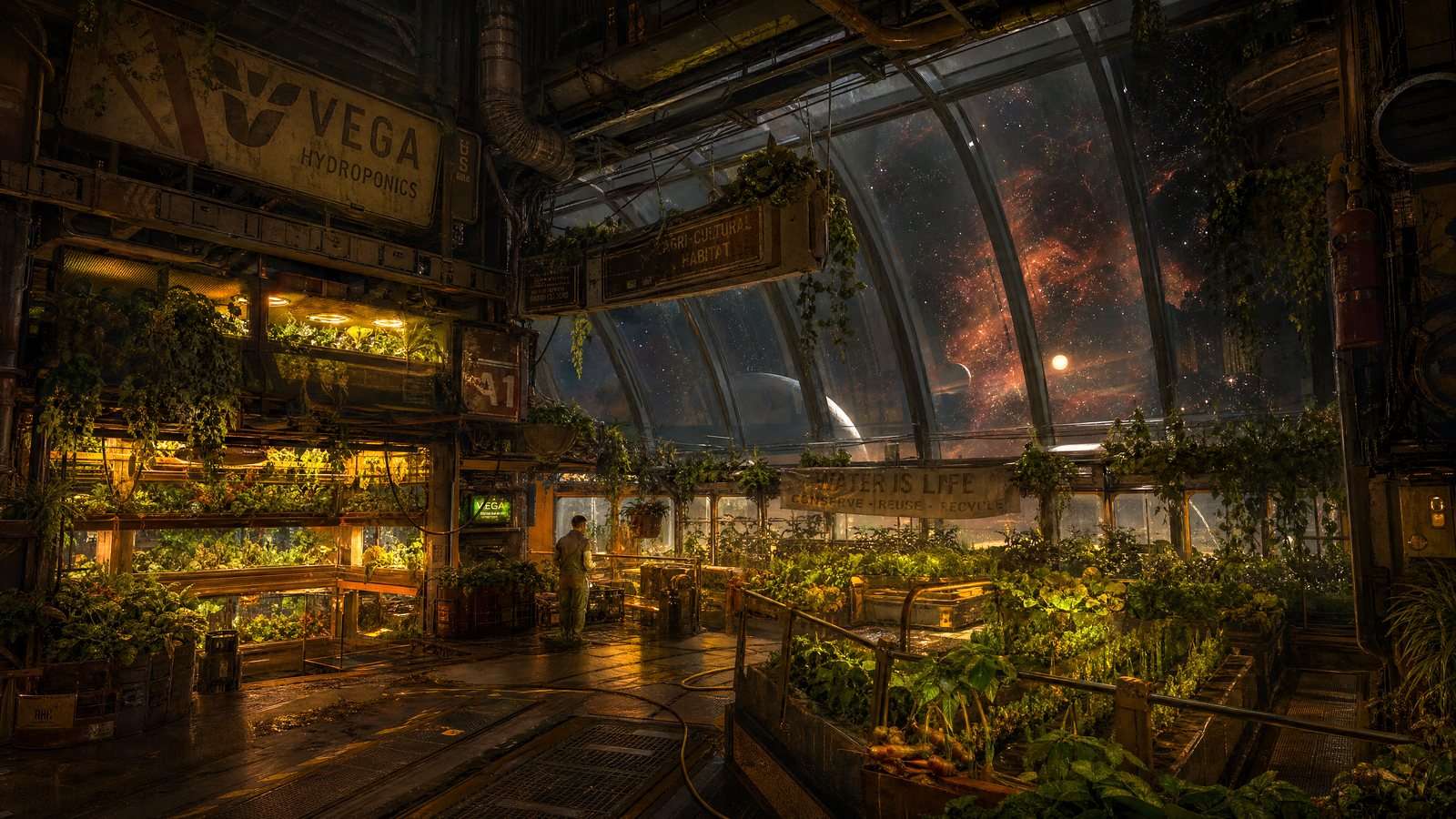 The hydroponics greenhouse aboard Keplers Bend — vines and planters under a curved glass dome, a nebula burning outside