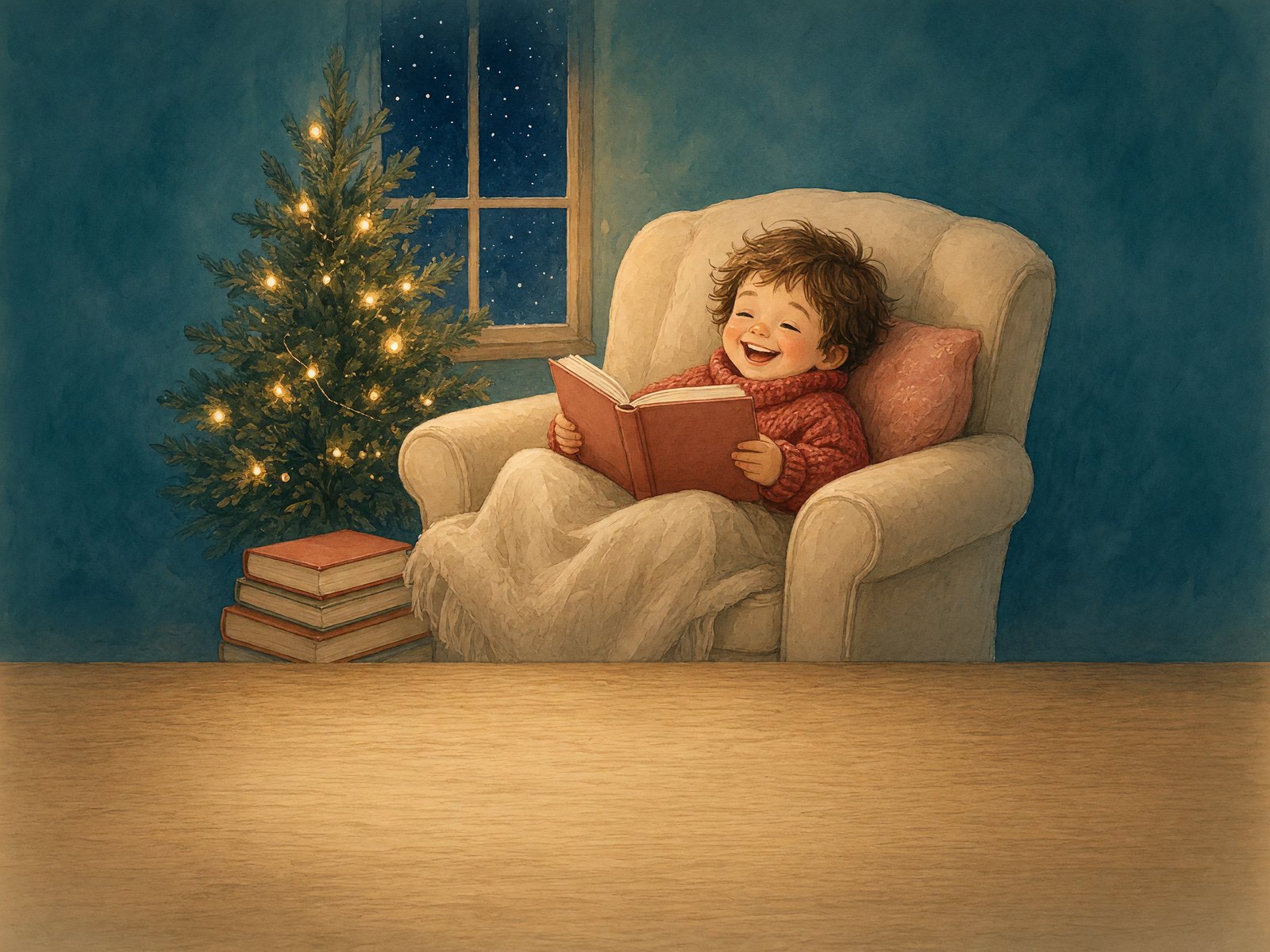 A child curled up in an armchair by a window on a winter evening, laughing at a book, with a small stack of wrapped books on the floor beside a lit tree, in soft watercolor