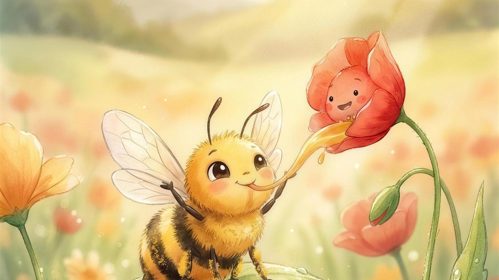 Watercolour illustration of Bea the honeybee sipping nectar from Poppy the flower, golden pollen dusting her legs, in a summer meadow