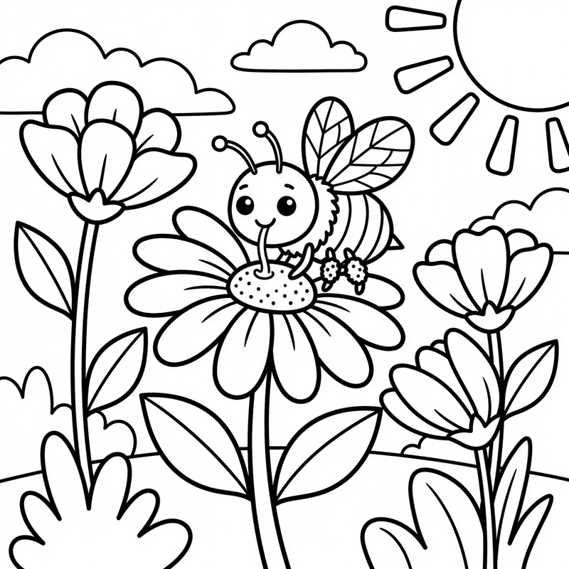 Free printable coloring page — a bumble bee visiting a flower